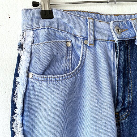 Patchwork Frayed Jeans Two Tone Denim 28 Inch Waist Jeans Trendy Y2k Grunge Punk - Picture 3 of 10